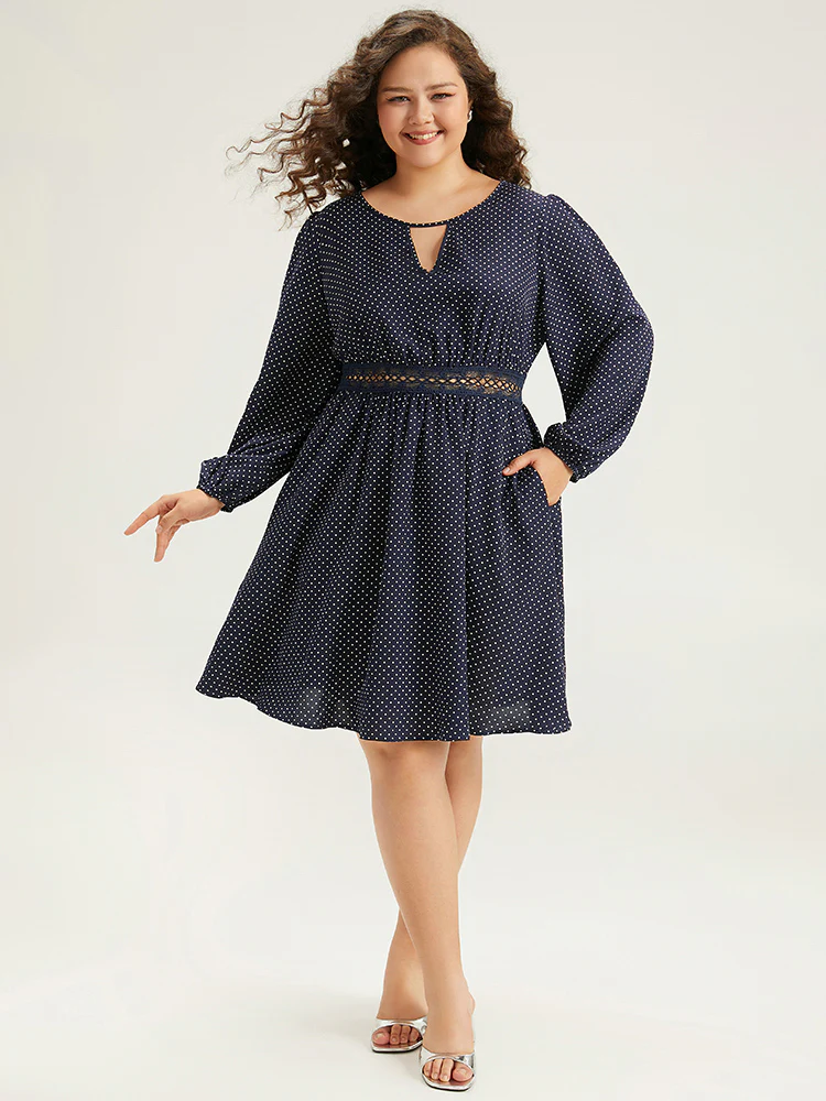 Polka Dot Keyhole Lace Panel Dress - Image 3