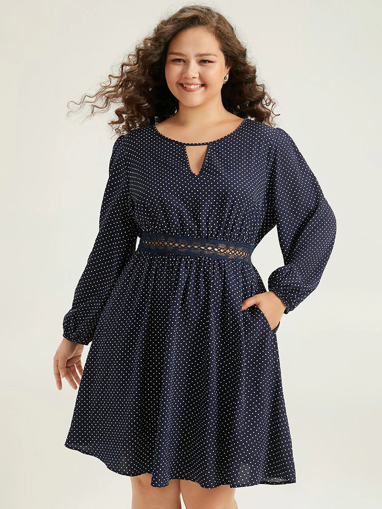 Polka Dot Keyhole Lace Panel Dress - Image 4