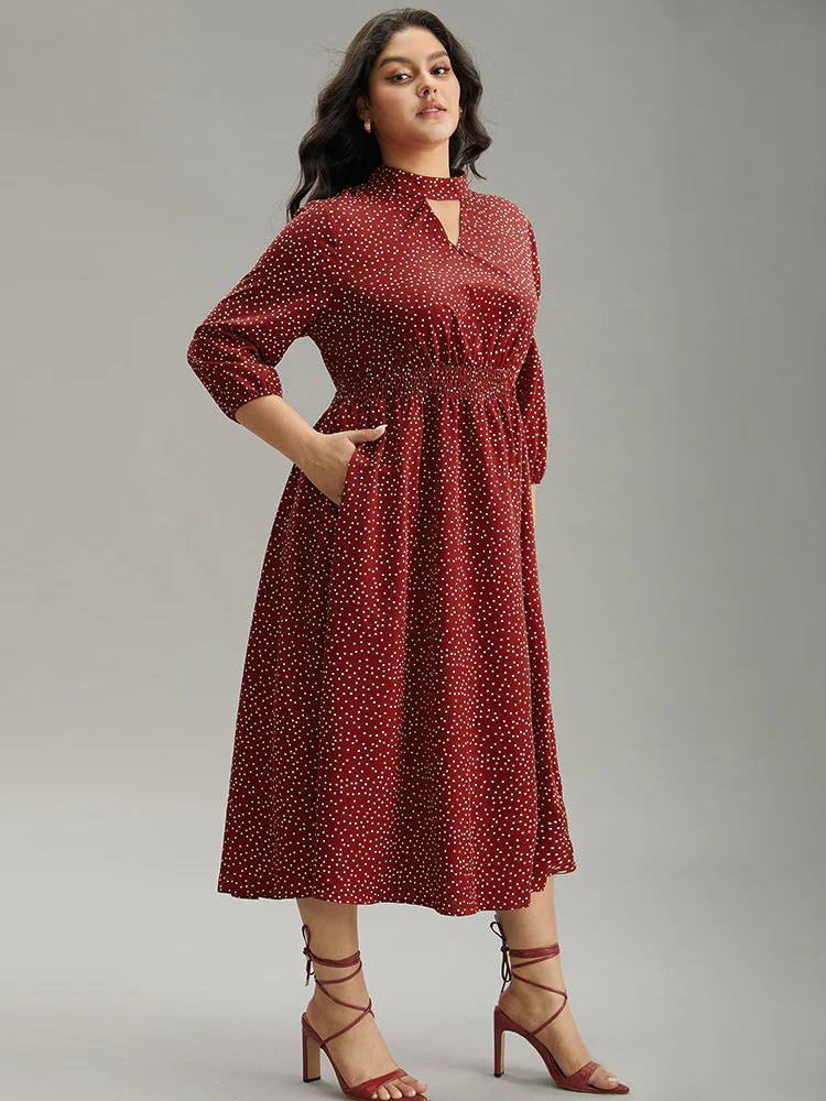 Polka Dot Keyhole Pocket Mock Neck Dress - Image 2