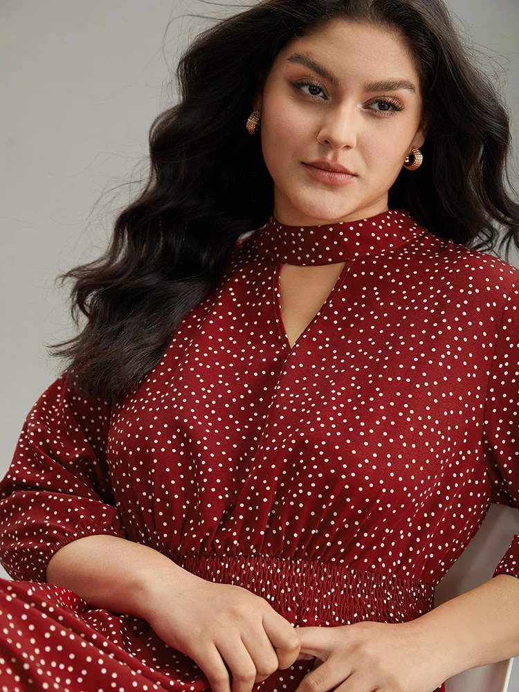 Polka Dot Keyhole Pocket Mock Neck Dress - Image 6
