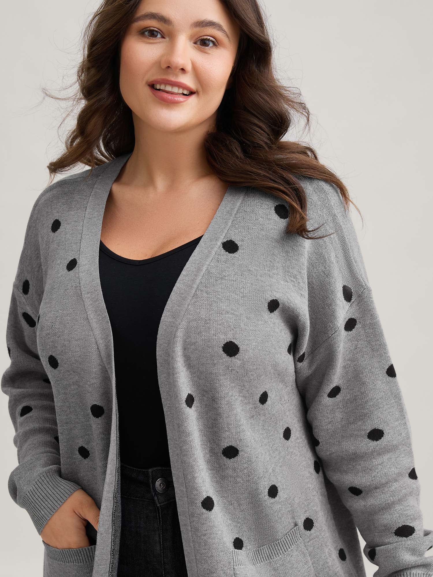 Polka Dot Kimono Collar Patch Pocket Cardigan - Image 2