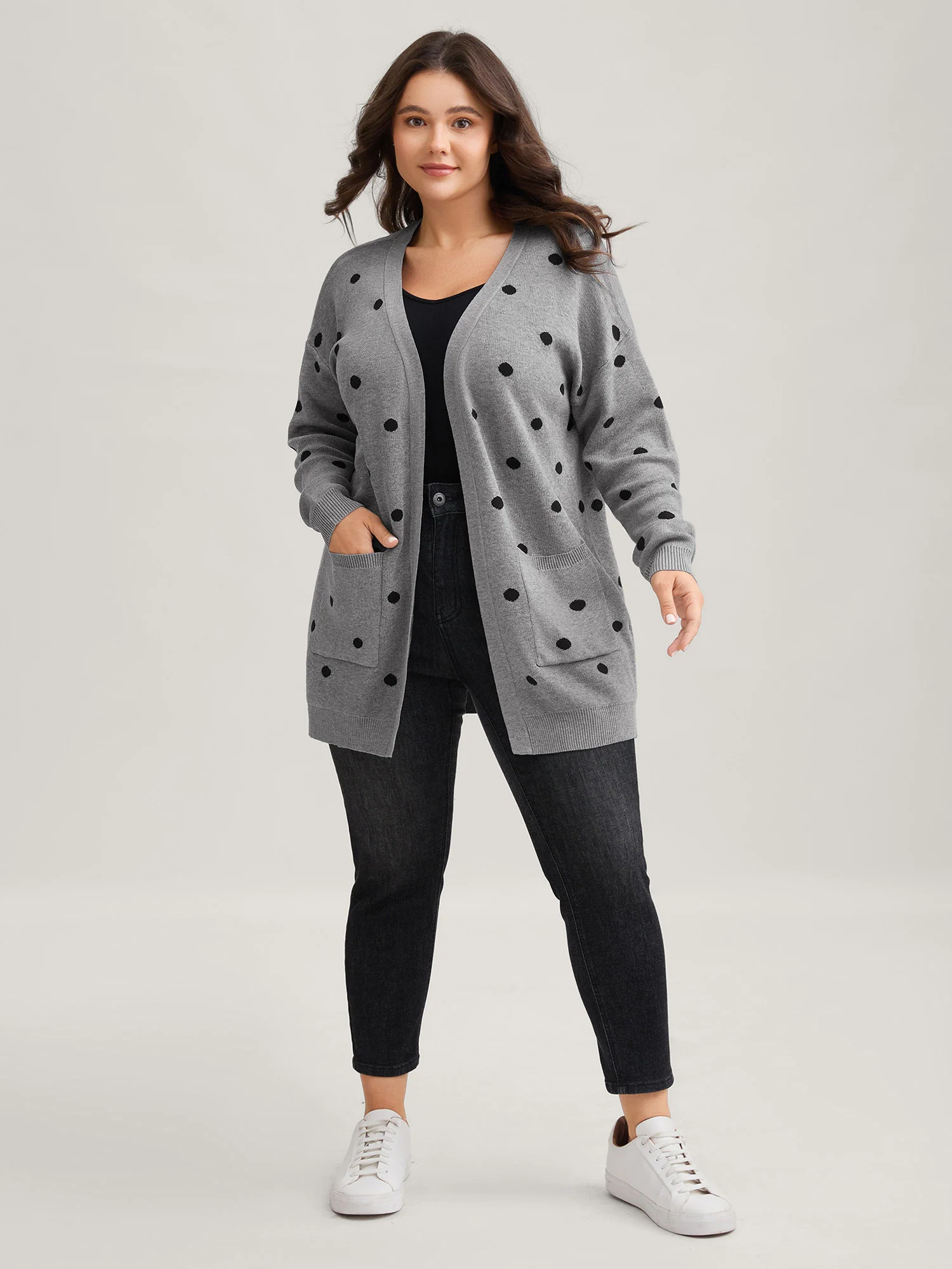 Polka Dot Kimono Collar Patch Pocket Cardigan - Image 3