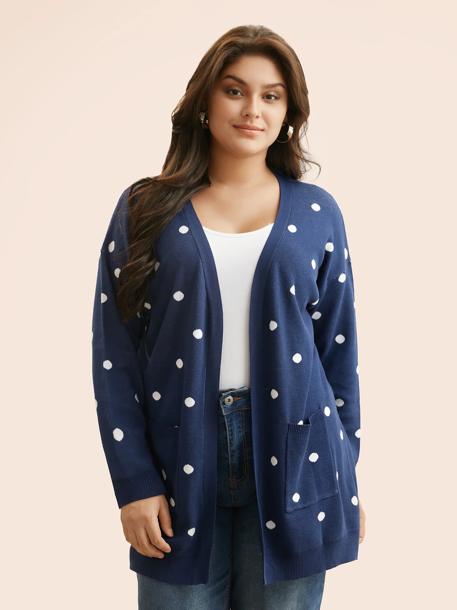 Polka Dot Kimono Collar Patch Pocket Cardigan - Image 8