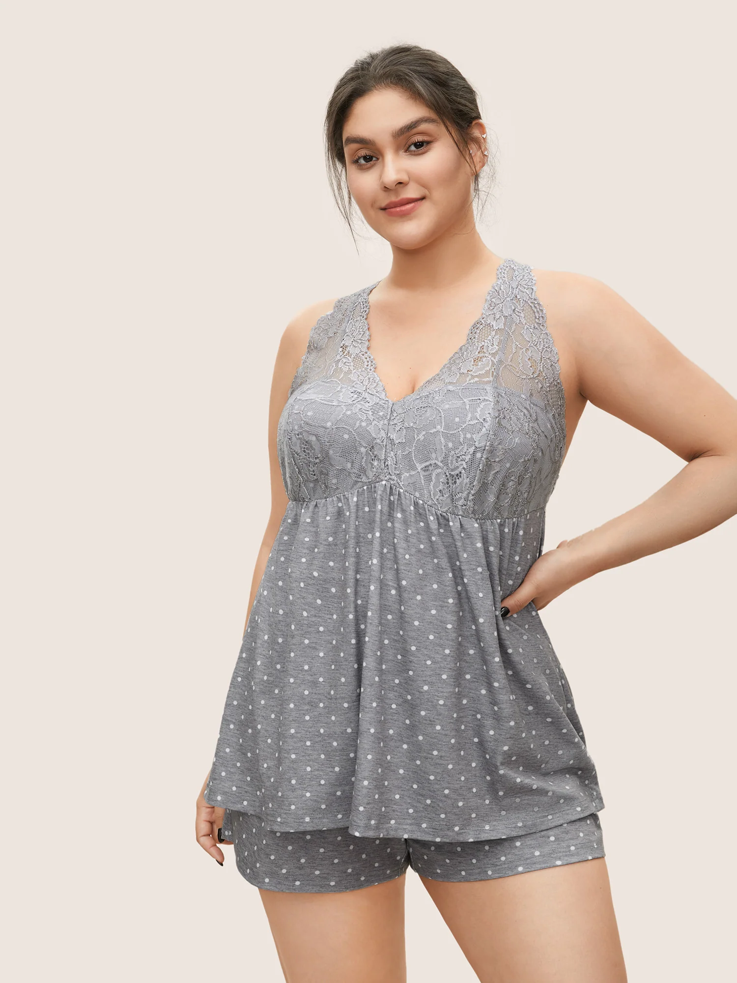 Cozy Polka Dot Lace Patchwork V-Neck Pajama Top