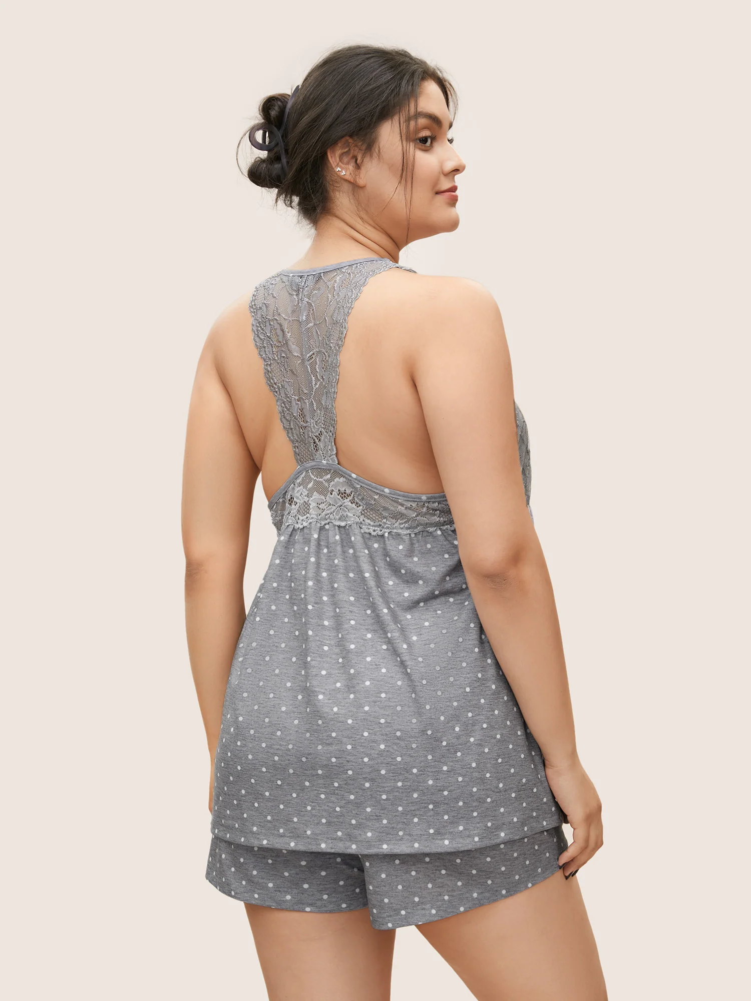 Cozy Polka Dot Lace Patchwork V-Neck Pajama Top - Image 2