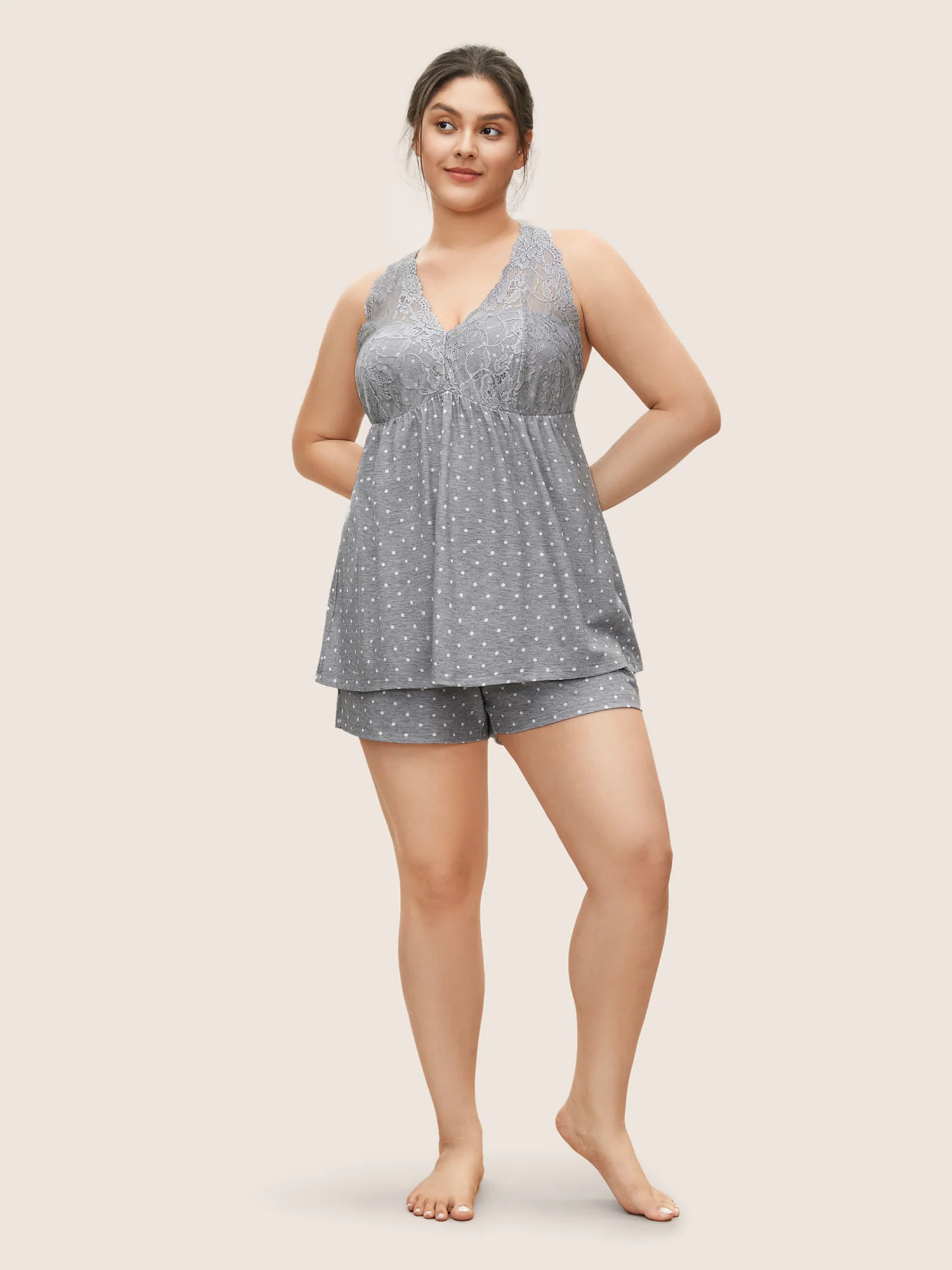 Cozy Polka Dot Lace Patchwork V-Neck Pajama Top - Image 3