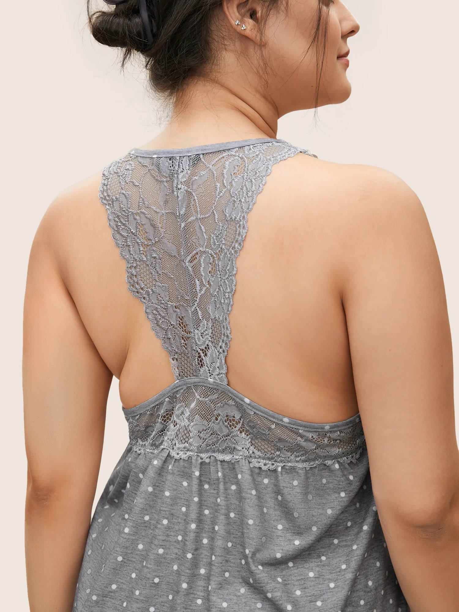 Cozy Polka Dot Lace Patchwork V-Neck Pajama Top - Image 5