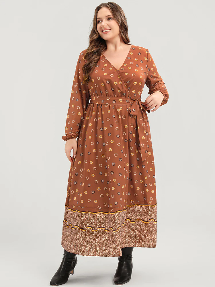 Polka Dot Lantern Sleeve Pocket Belted Surplice Neck Maxi Dress - Image 2