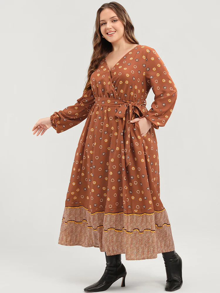 Polka Dot Lantern Sleeve Pocket Belted Surplice Neck Maxi Dress - Image 3
