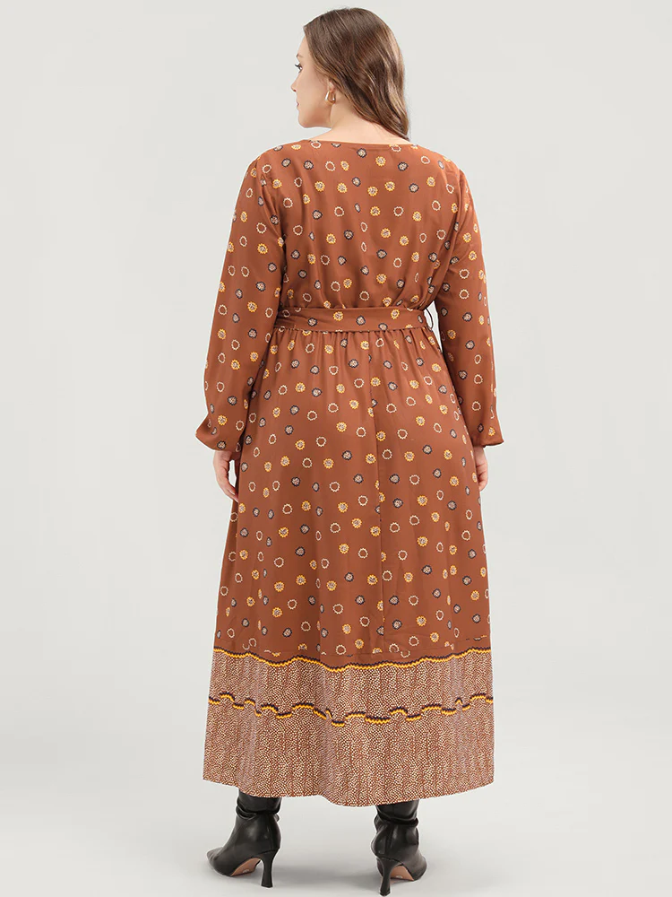 Polka Dot Lantern Sleeve Pocket Belted Surplice Neck Maxi Dress - Image 4