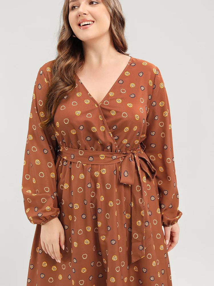 Polka Dot Lantern Sleeve Pocket Belted Surplice Neck Maxi Dress - Image 5