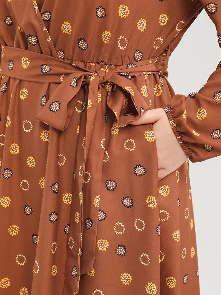 Polka Dot Lantern Sleeve Pocket Belted Surplice Neck Maxi Dress - Image 7