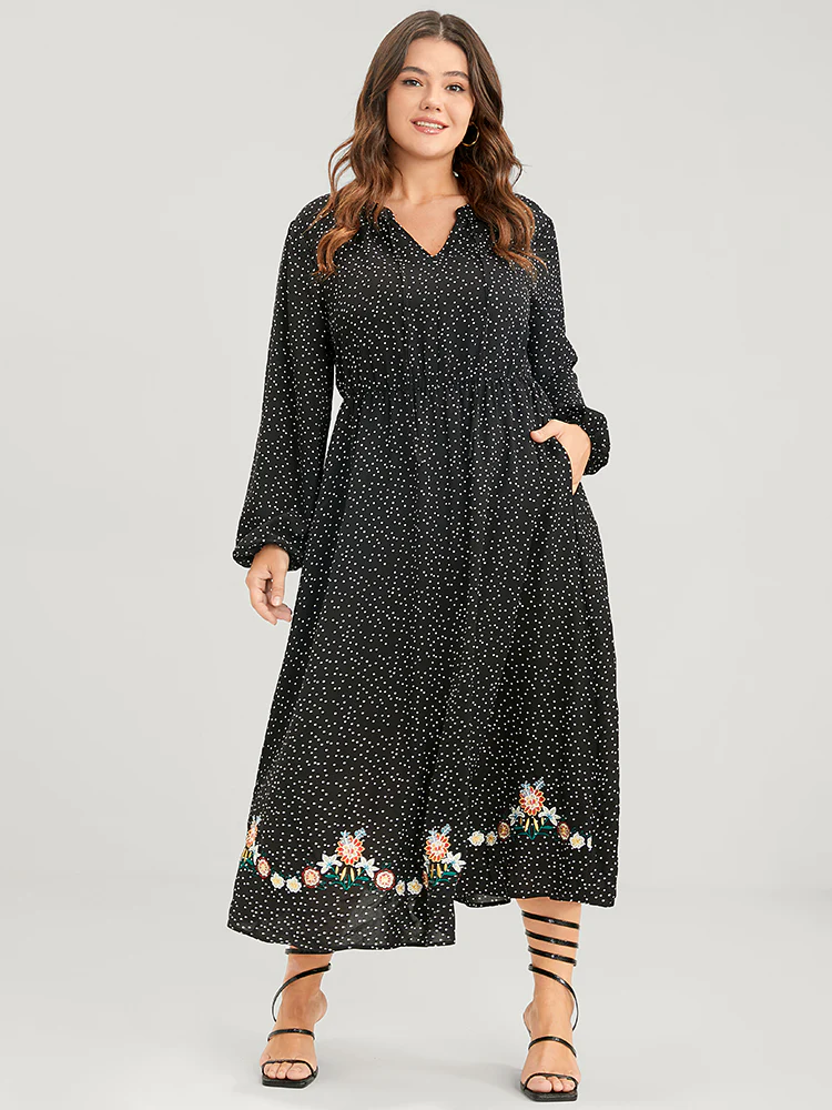 Polka Dot Lantern Sleeve Pocket Embroidered Detail Dress - Image 2