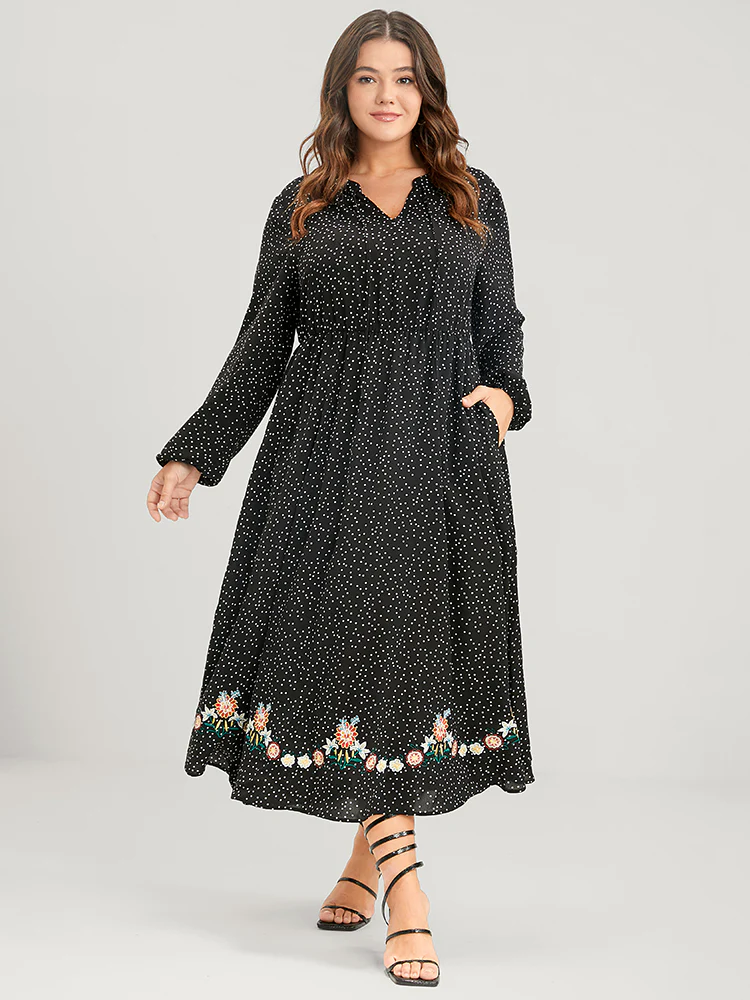 Polka Dot Lantern Sleeve Pocket Embroidered Detail Dress - Image 3