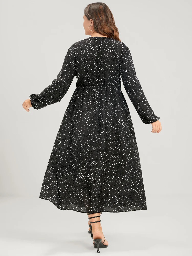 Polka Dot Lantern Sleeve Pocket Embroidered Detail Dress - Image 4