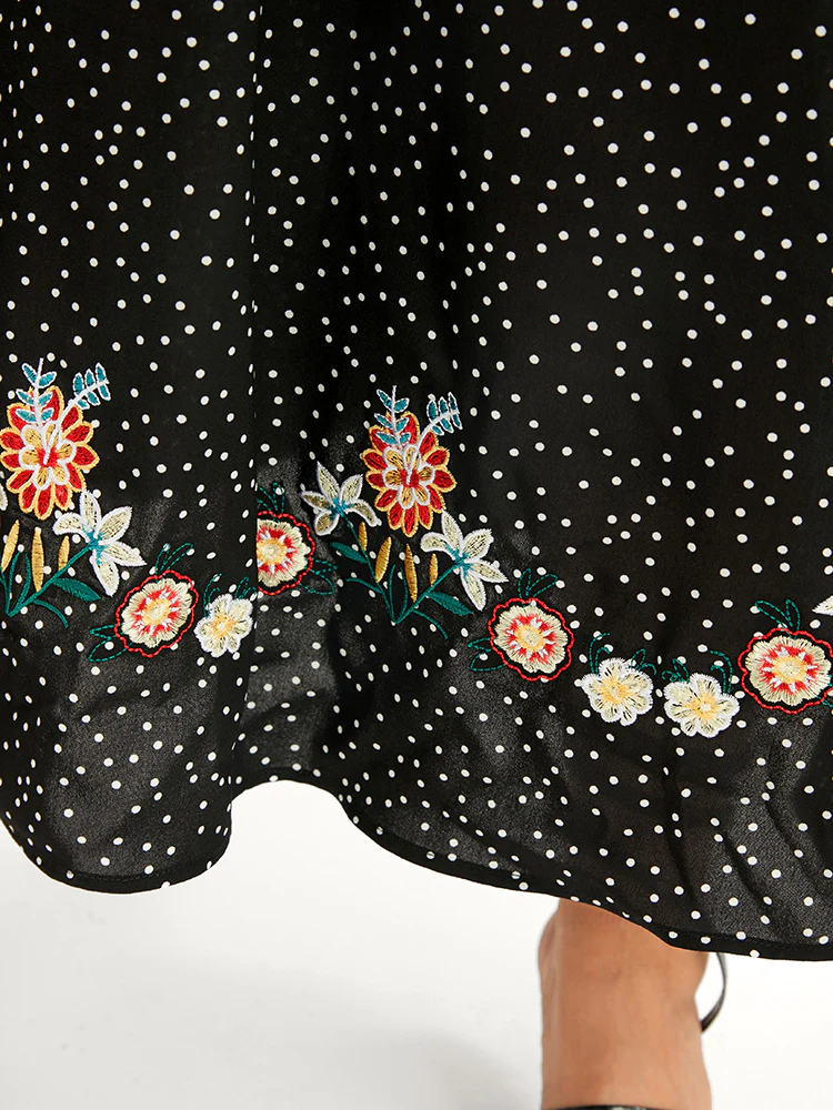 Polka Dot Lantern Sleeve Pocket Embroidered Detail Dress - Image 5