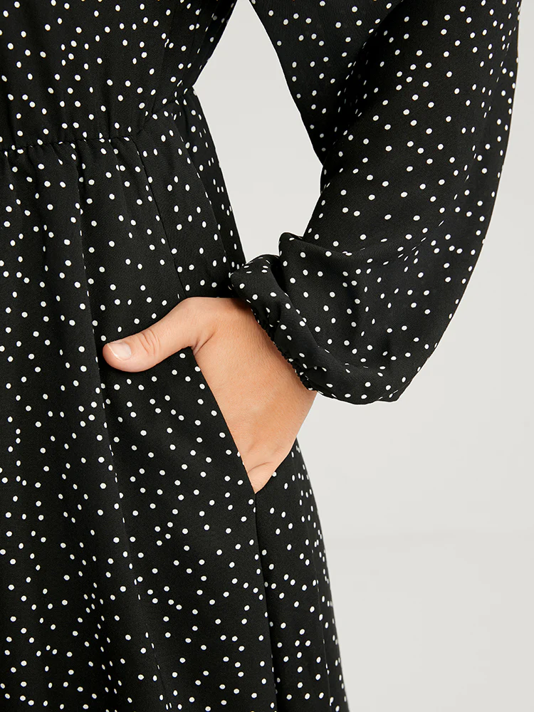 Polka Dot Lantern Sleeve Pocket Embroidered Detail Dress - Image 7