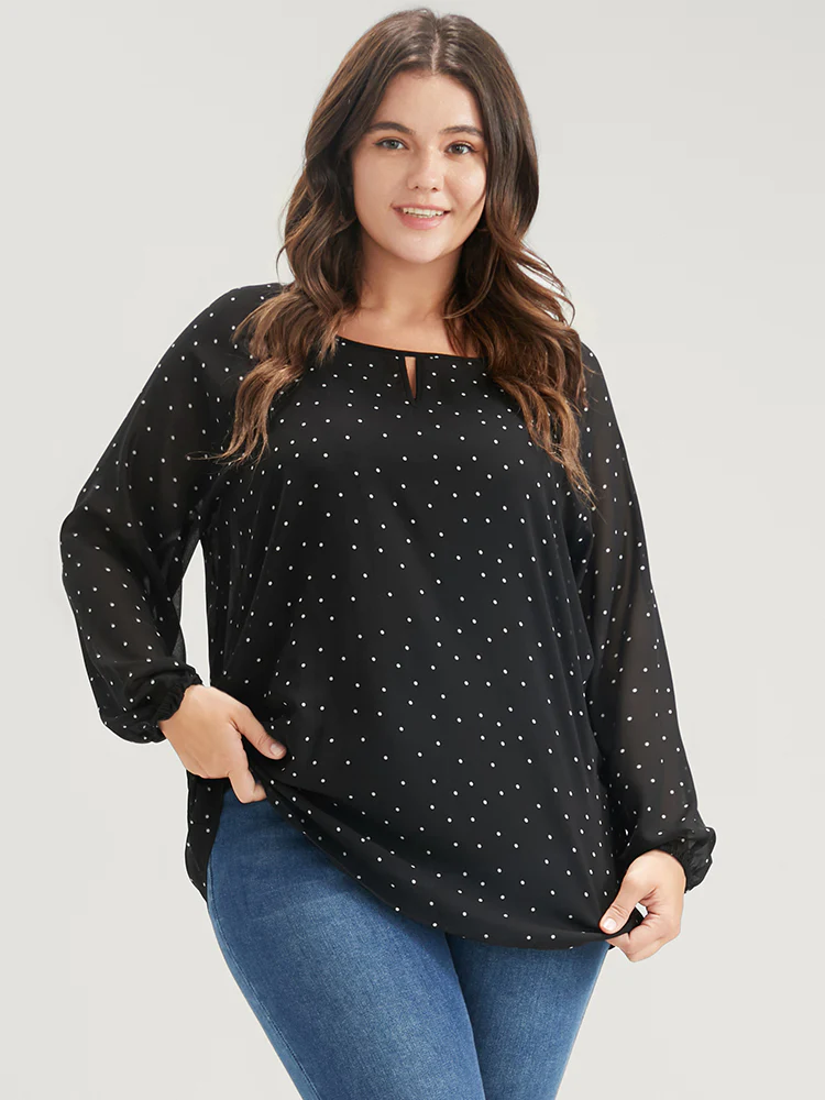 Polka Dot Mesh Lantern Sleeve Keyhole Round Neck Blouse - Image 2