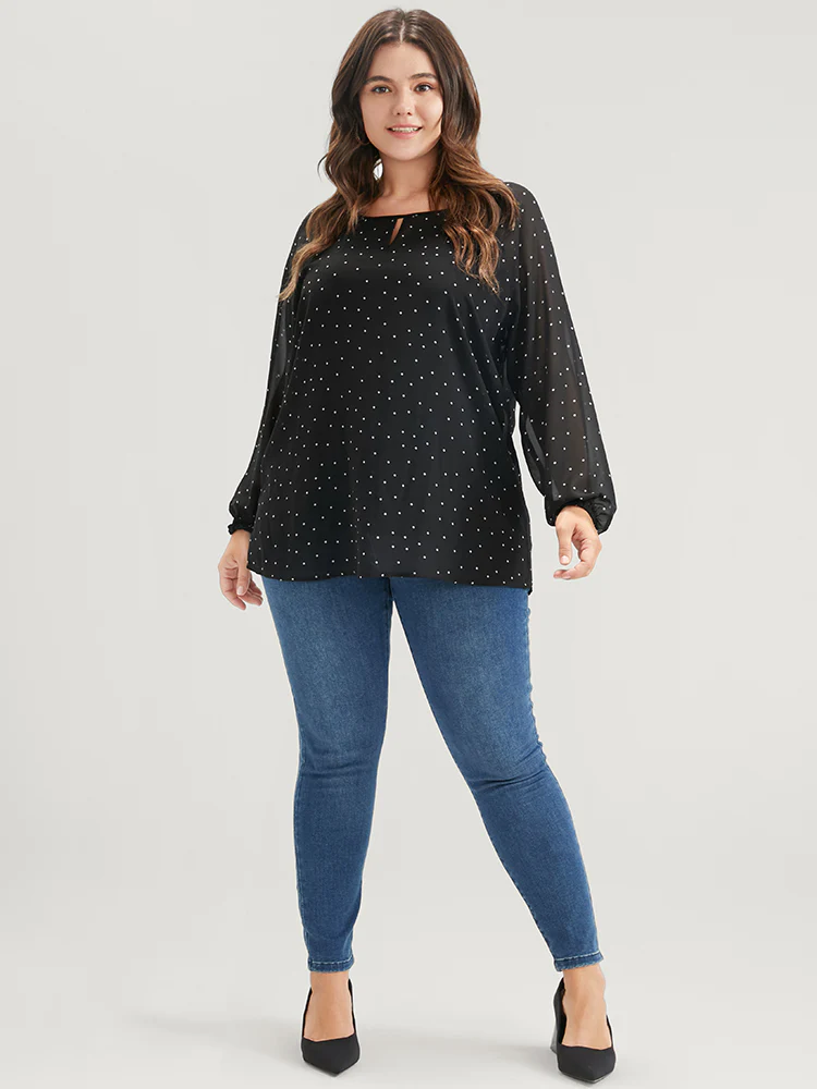 Polka Dot Mesh Lantern Sleeve Keyhole Round Neck Blouse - Image 3