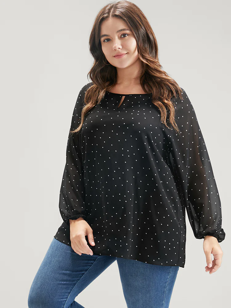 Polka Dot Mesh Lantern Sleeve Keyhole Round Neck Blouse - Image 4