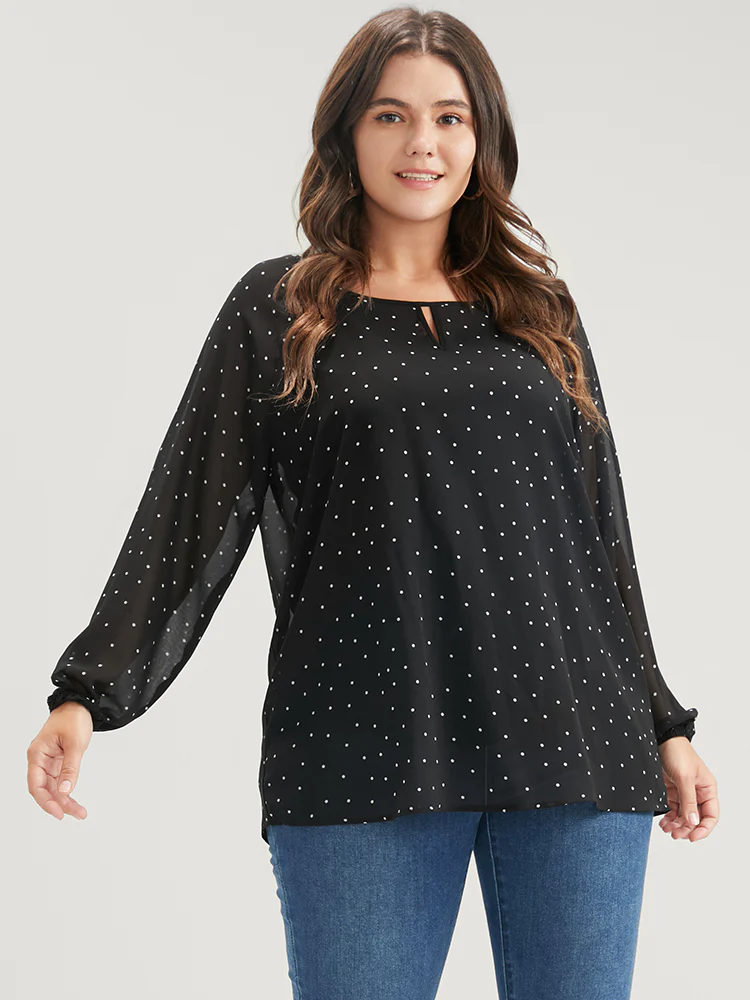 Polka Dot Mesh Lantern Sleeve Keyhole Round Neck Blouse - Image 5