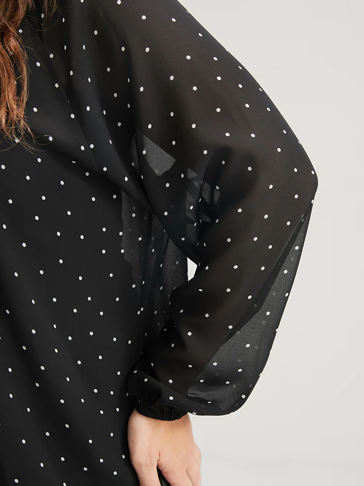 Polka Dot Mesh Lantern Sleeve Keyhole Round Neck Blouse - Image 6