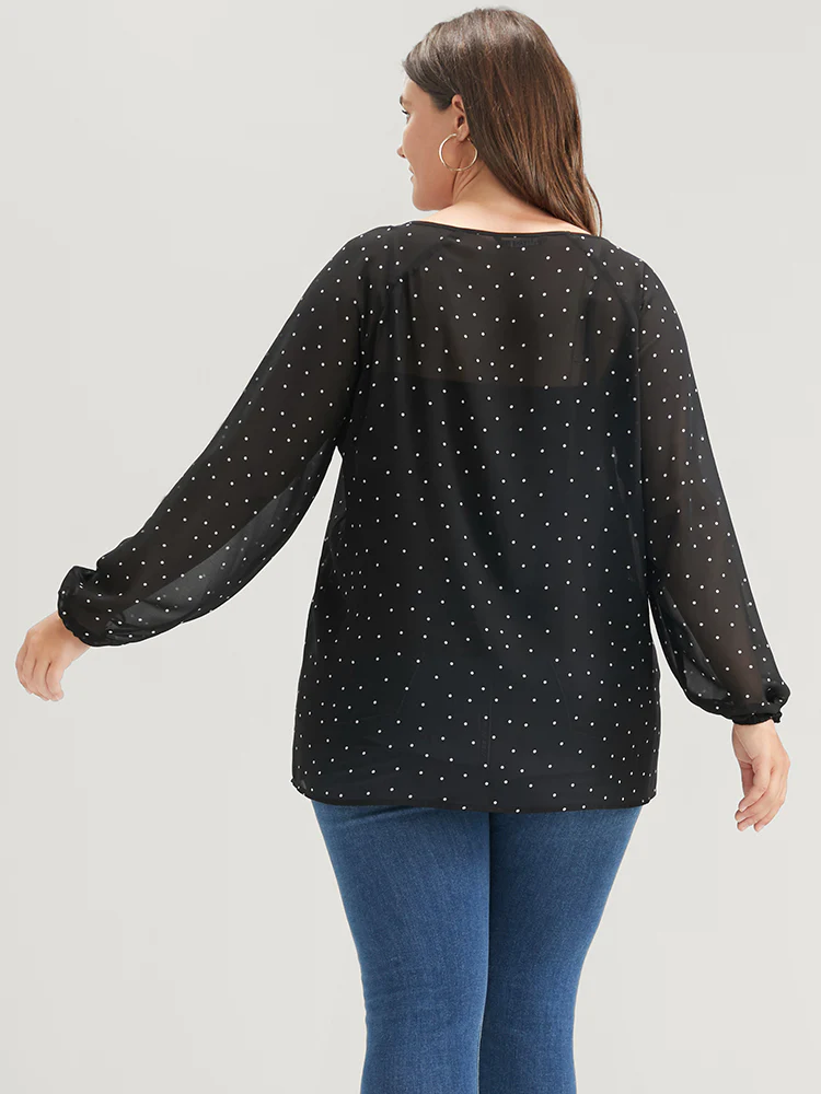 Polka Dot Mesh Lantern Sleeve Keyhole Round Neck Blouse - Image 7