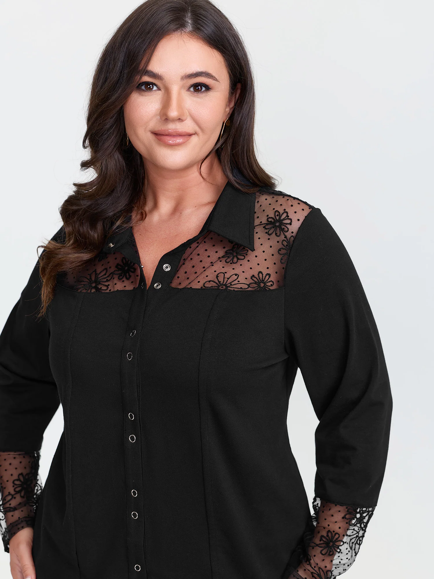 Polka Dot Mesh Panel Floral Embroidery Top - Image 3