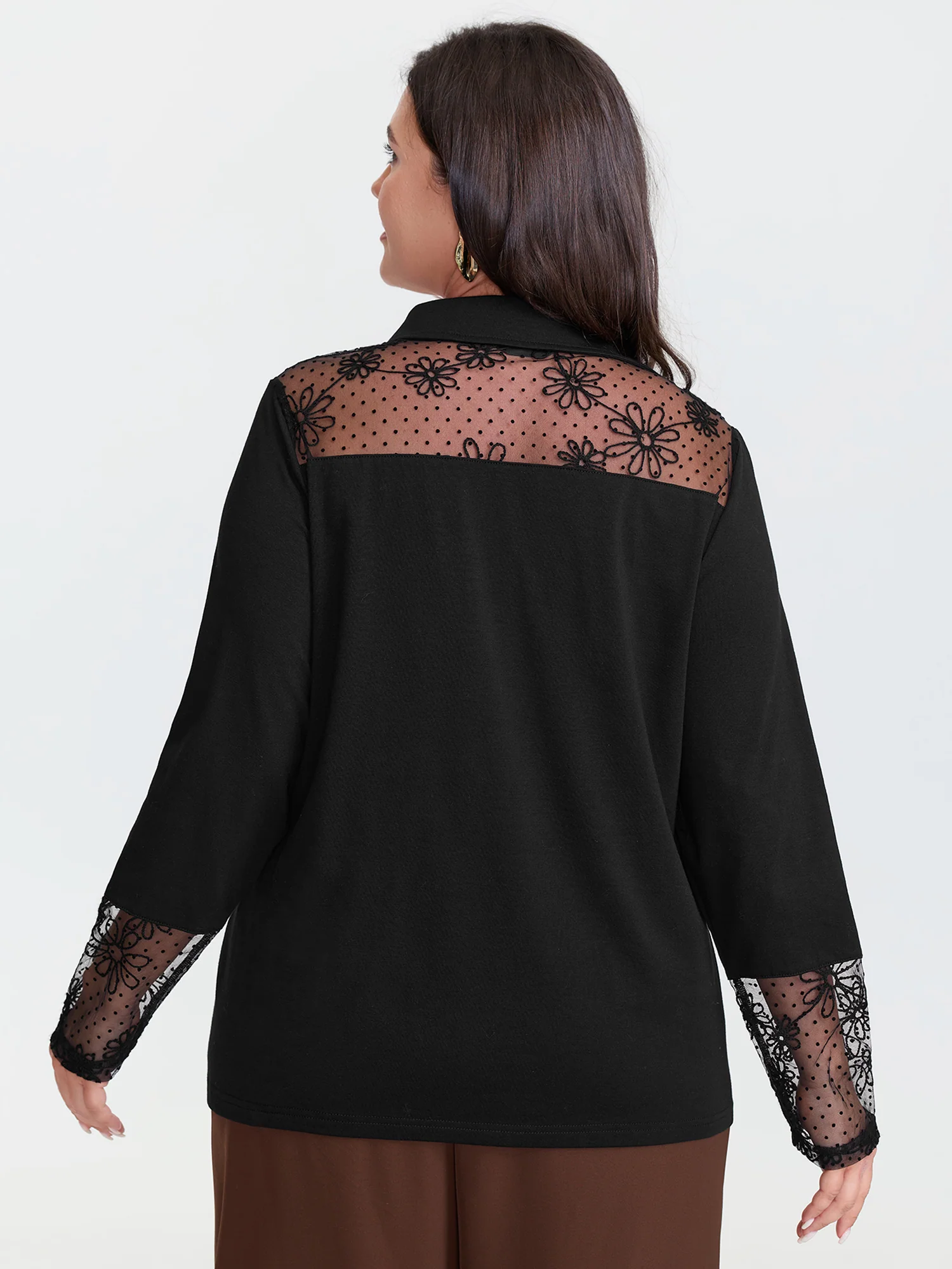 Polka Dot Mesh Panel Floral Embroidery Top - Image 4