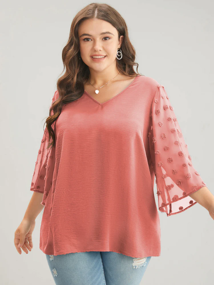 Polka Dot Mesh Patchwork Flounce Sleeve Blouse