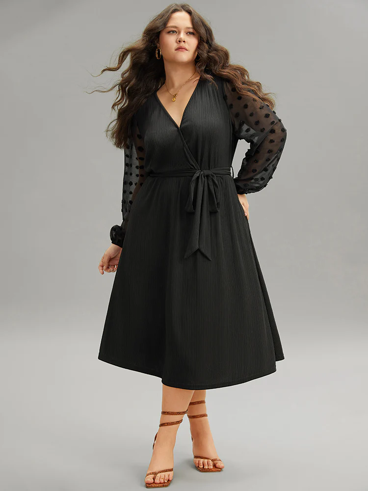 Polka Dot Chiffon Mesh Patchwork Wrap Dress - Image 3
