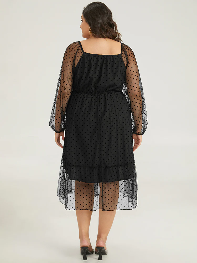 Polka Dot Mesh Pocket Square Neck Dress - Image 2