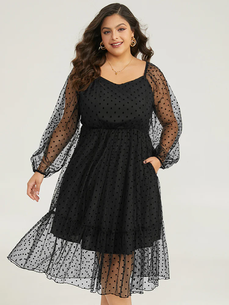 Polka Dot Mesh Pocket Square Neck Dress - Image 3