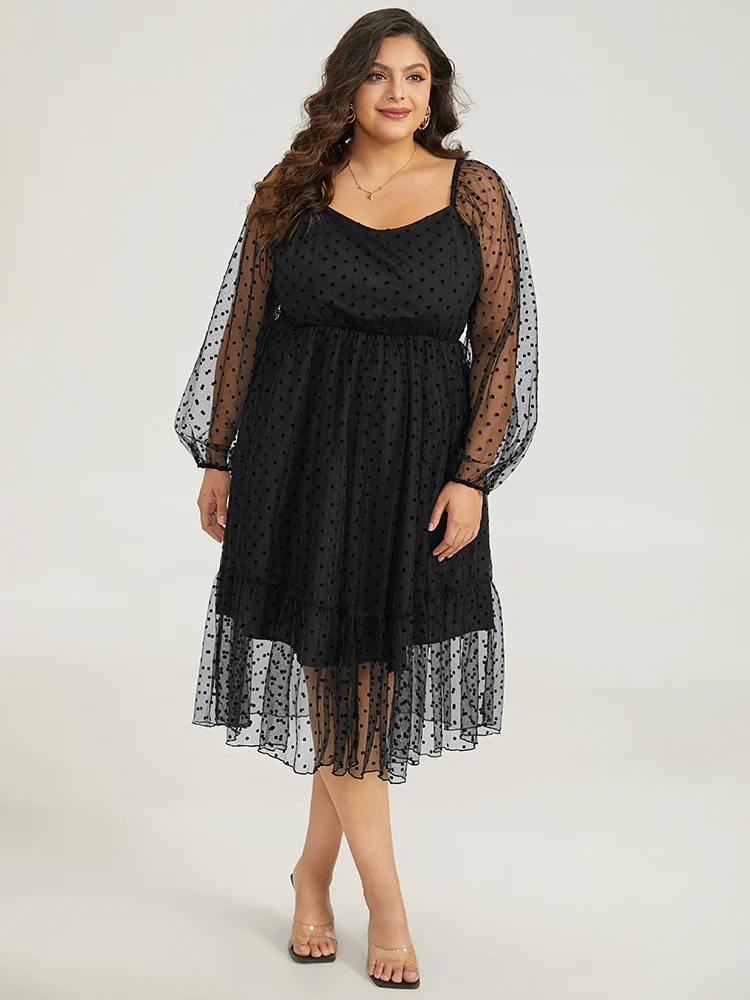 Polka Dot Mesh Pocket Square Neck Dress - Image 4