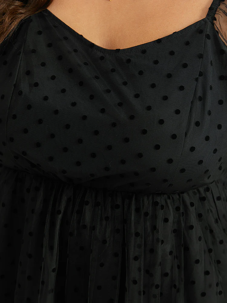 Polka Dot Mesh Pocket Square Neck Dress - Image 5