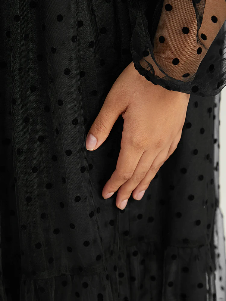 Polka Dot Mesh Pocket Square Neck Dress - Image 6