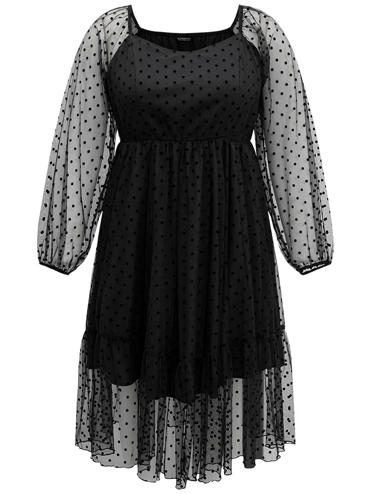 Polka Dot Mesh Pocket Square Neck Dress - Image 8