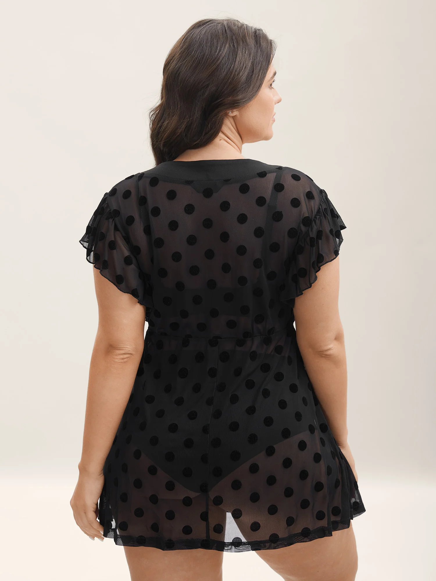 Polka Dot Mesh Ruffle Cap Sleeve Nightgown - Image 4