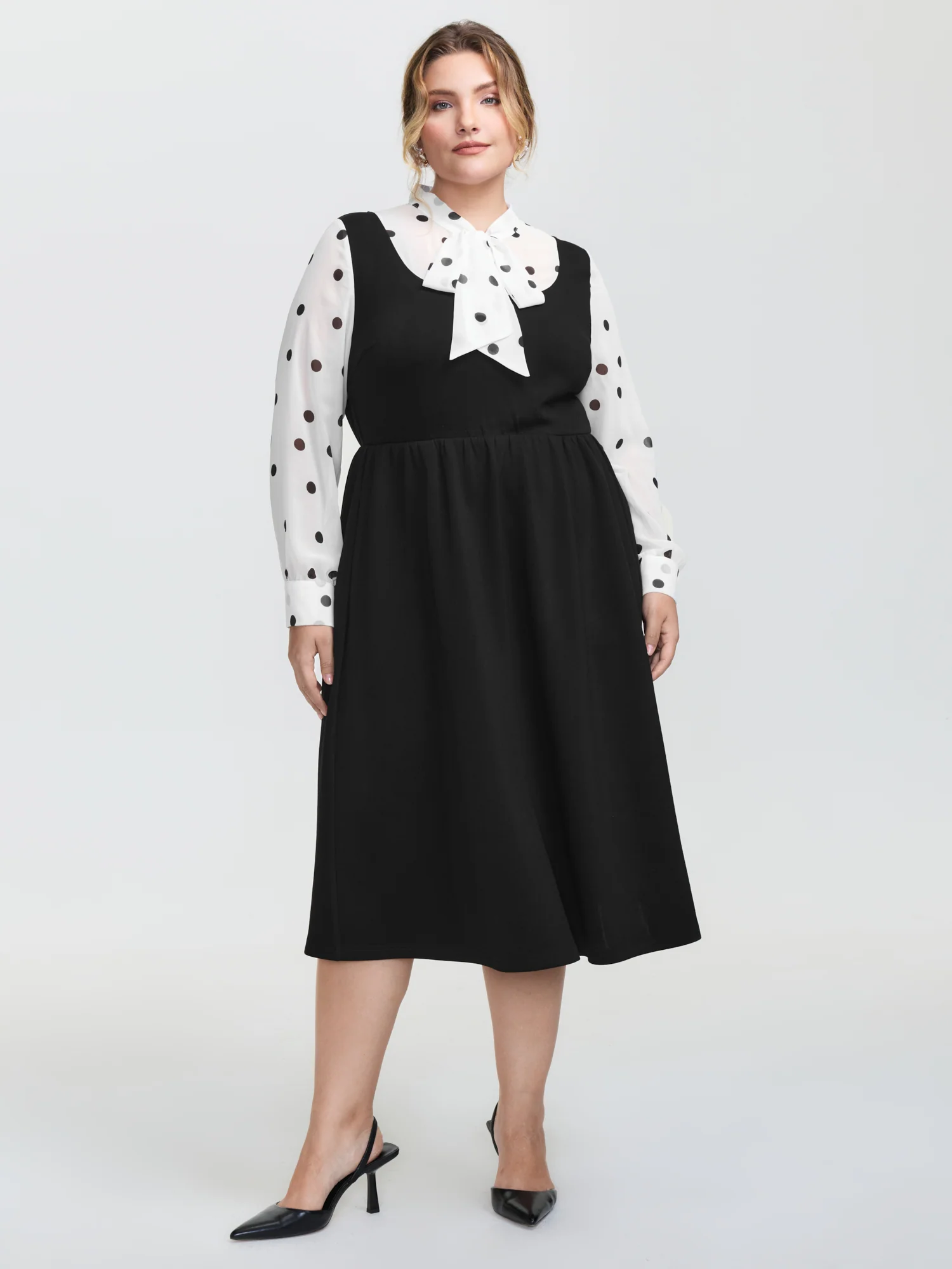 Polka Dot Neck Tie Midi Dress - Image 3