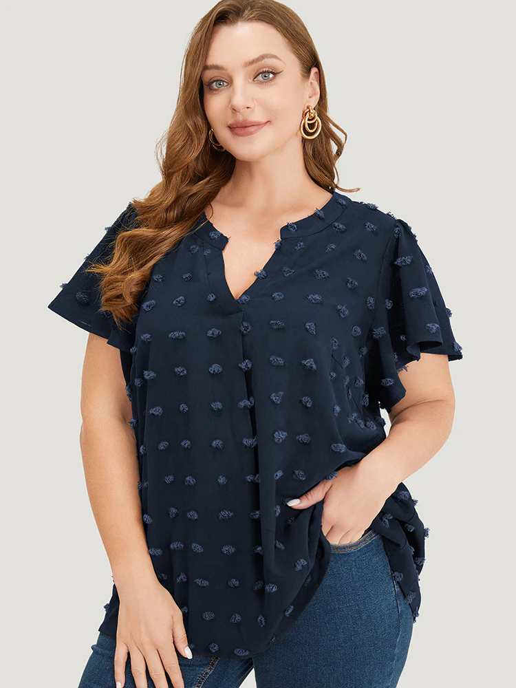 Polka Dot Notched Neck Flutter Sleeve Blouse