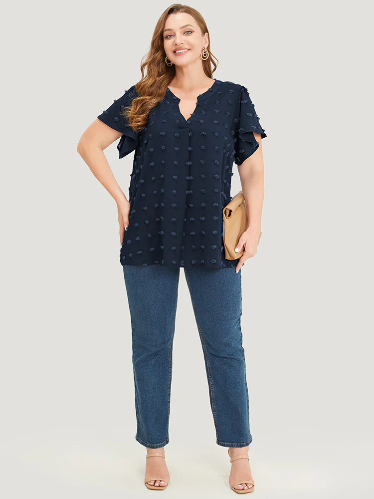 Polka Dot Notched Neck Flutter Sleeve Blouse - Image 2