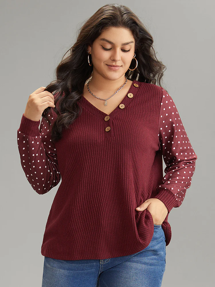 Polka Dot Patchwork Button Detail Rib Knit T-shirt
