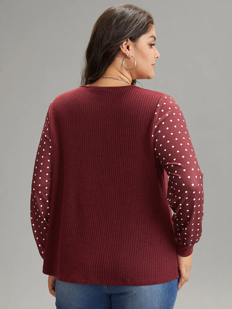 Polka Dot Patchwork Button Detail Rib Knit T-shirt - Image 2