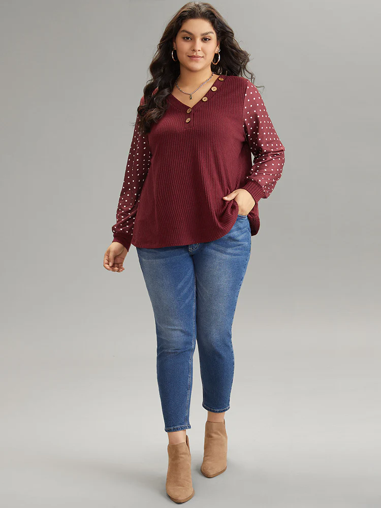 Polka Dot Patchwork Button Detail Rib Knit T-shirt - Image 3