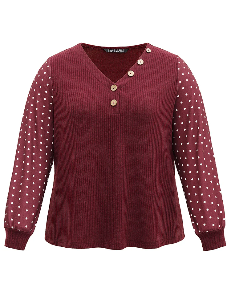 Polka Dot Patchwork Button Detail Rib Knit T-shirt - Image 5