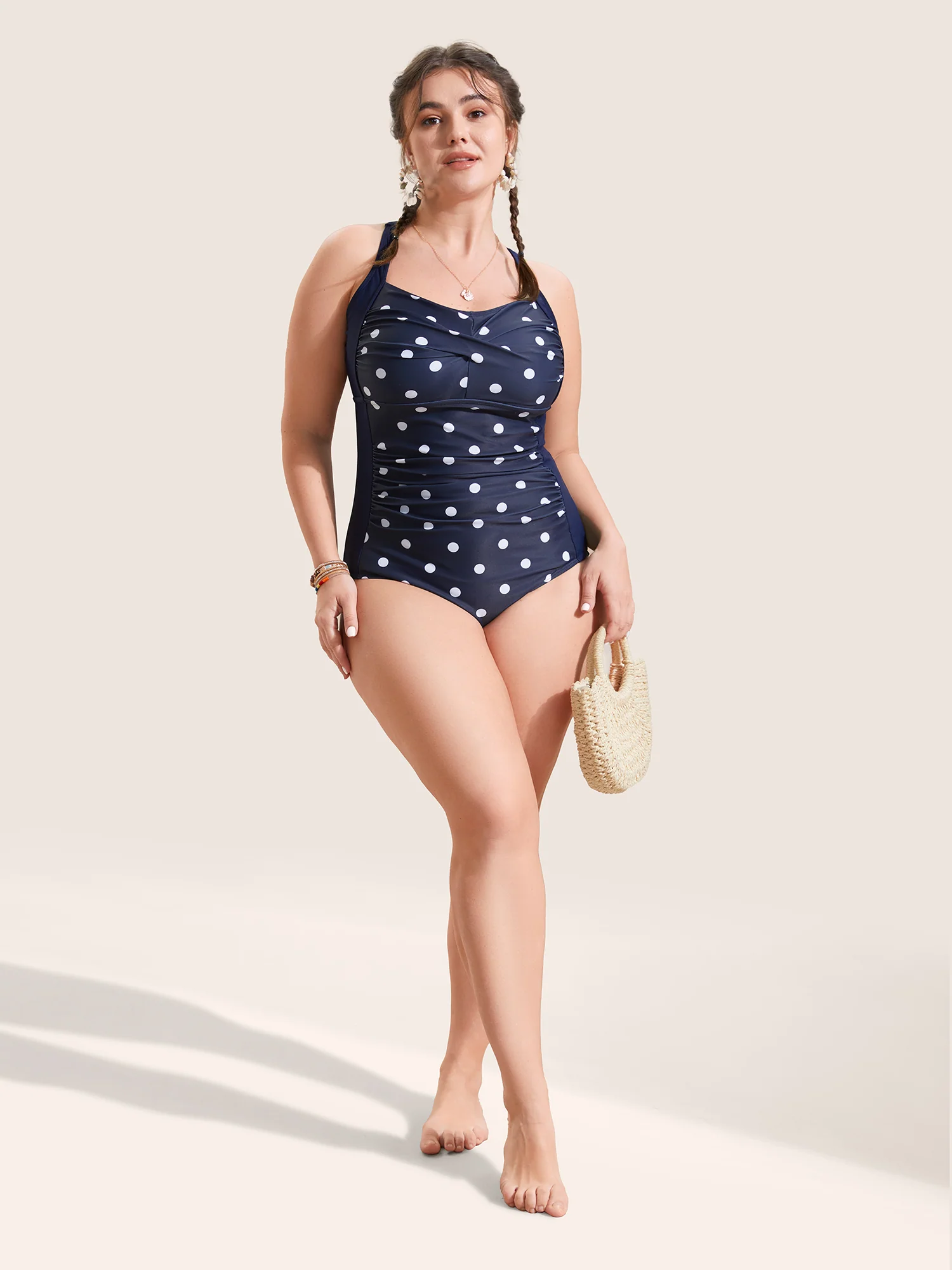 Polka Dot Patchwork Crossover One Piece Swimsuit - Image 3