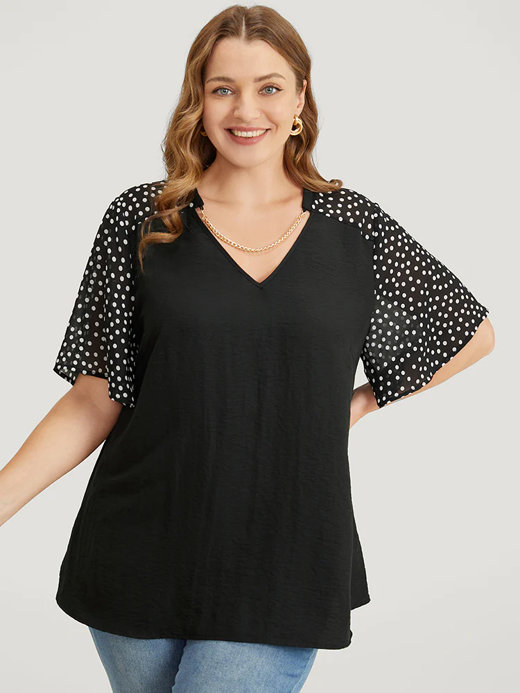 Polka Dot Patchwork Flutter Sleeve Chain Detail Blouse - Image 2