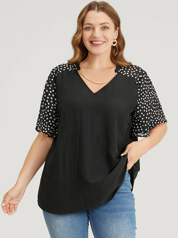 Polka Dot Patchwork Flutter Sleeve Chain Detail Blouse - Image 5
