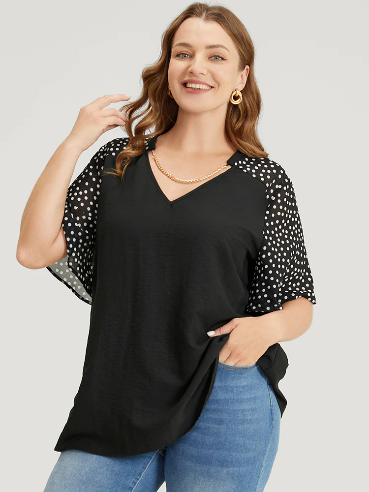 Polka Dot Patchwork Flutter Sleeve Chain Detail Blouse - Image 6