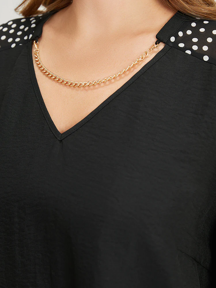 Polka Dot Patchwork Flutter Sleeve Chain Detail Blouse - Image 8
